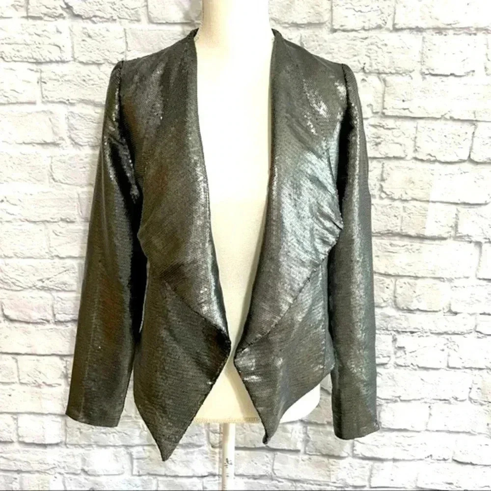 BB Dakota Sequin Draped Front Style Blazer Gunmetal Color Sequins